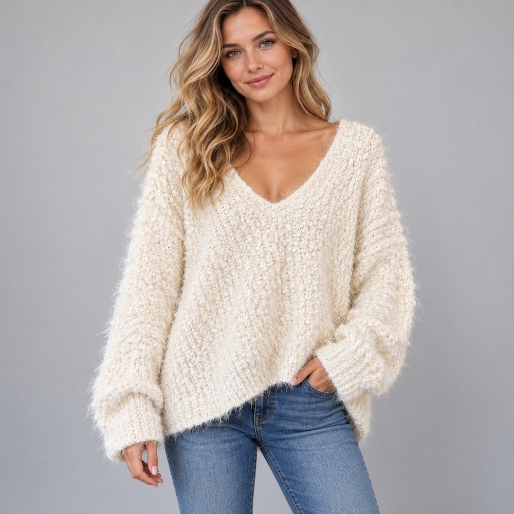 POL Sweater Cotton Blend Eyelash Popcorn Knit Womens M White Oversized V-Neck